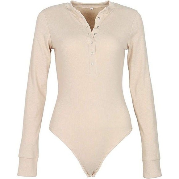 New GEMBERA Women Front Button, Long‎ Sleeve Ribbed Bodysuit, Small, Color Beige - Picture 1 of 3